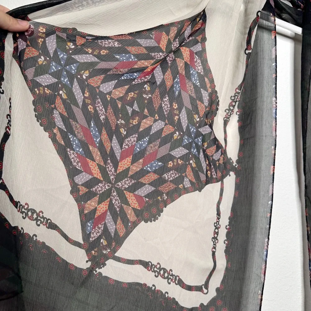 Brooks Brothers Patchwork Star Chain‎ Link Silk Scarf Black Cream Sheer Wrap